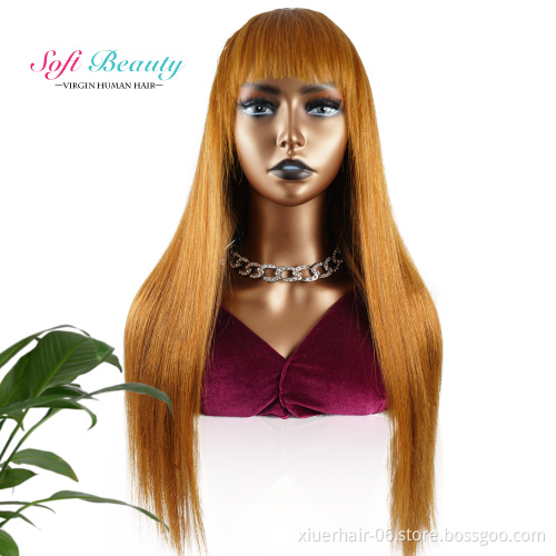 Wholesale No Lace Orange Color Manufacturers Glueless 10A Deep Straight Wave Wholesale with Fringe Human Hair Machine Wig